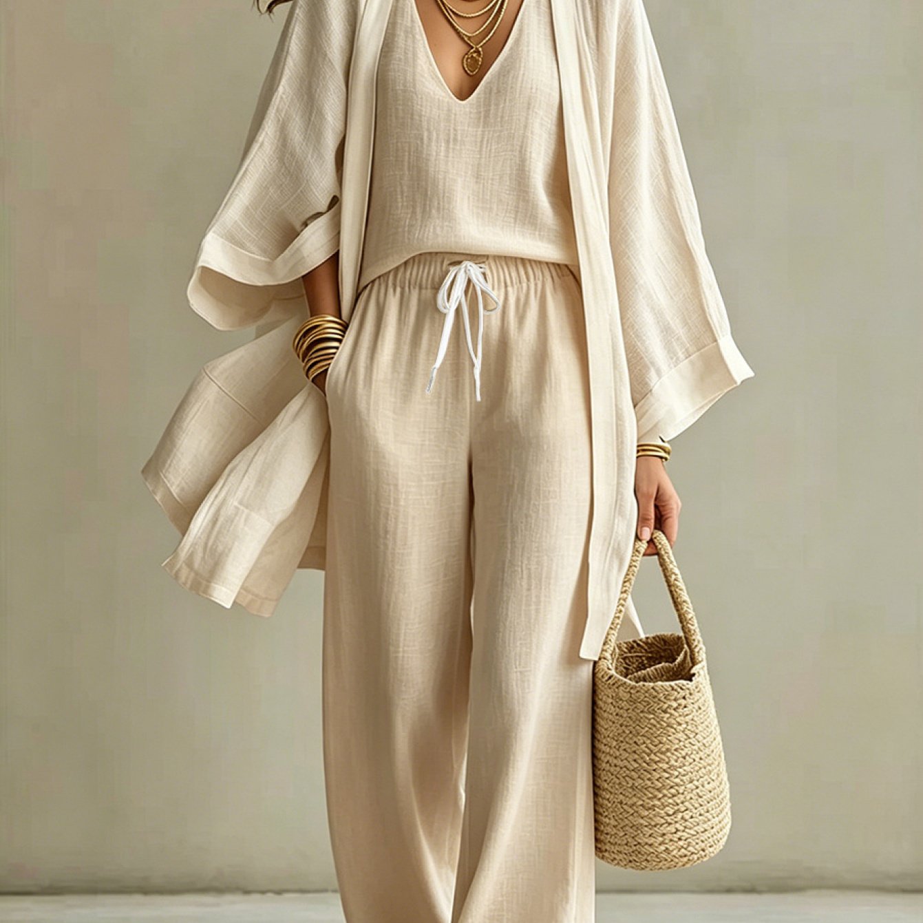 European And American Summer Loose - Mid-Length Three-Piece Set for Women: Three-Quarter Sleeve Cardigan, Sleeveless Vest, And Long Pants