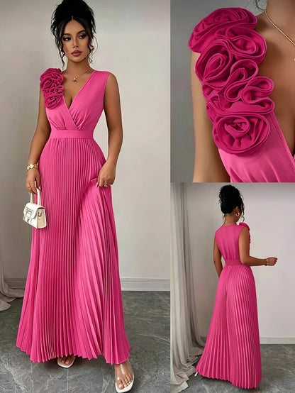 Elegant V-neck Sleeveless Patchwork Exaggerated Floral A-line Hem Pleated Dress