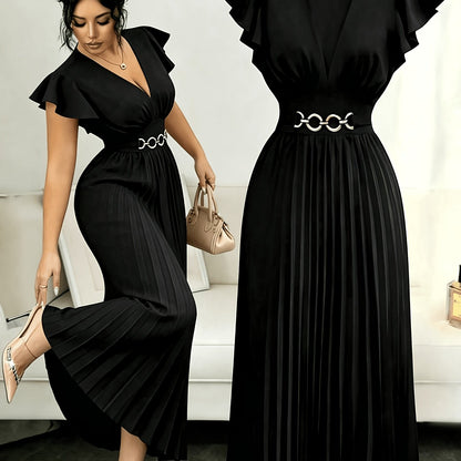 Spring And Summer New Elegant Ladies Slim V-Neck Dress with Pleated Craftsmanship, Large Skirt, Ruffled Lotus Leaf Sleeves, Valentine'S Day Party Gathering Elegant Dress, Commuting Fashion Skirt