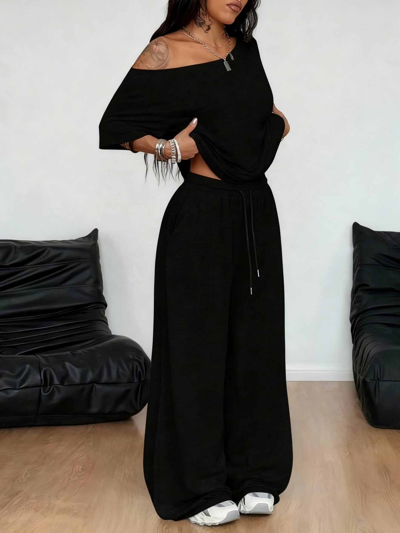 Women Cooling Breathable 2pcs Casual, Off Shoulder Short Sleeve Loose T-shirt& Elastic Drawstring High Waist Wide Leg Sweatpants Set, Soft Stretchy Oversized Loungewear Outfit for Juniors, Petite, Tall, Curvy Ladies, for Daily