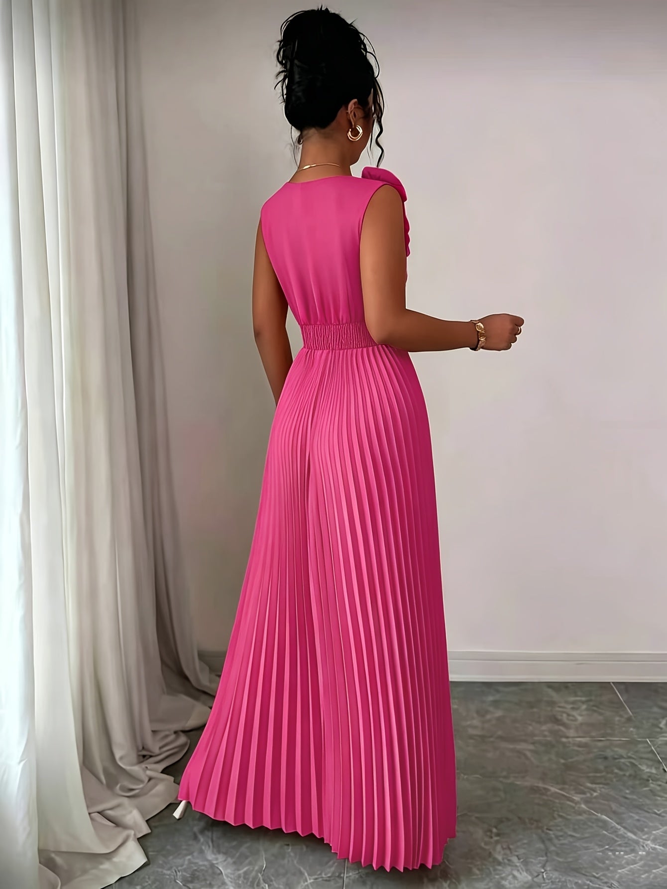 Elegant V-neck Sleeveless Patchwork Exaggerated Floral A-line Hem Pleated Dress