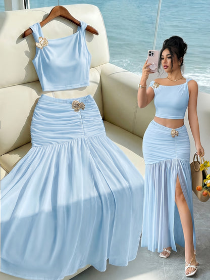 Elegant 2pcs Set for Women, Featuring a Strappy Crop Top and a Slit Maxi Skirt with Metallic Embellishments. The Slim-fit Design Is Perfect for High-end Occasions Such as Dates, Evening Parties, Gatherings, and Vacations