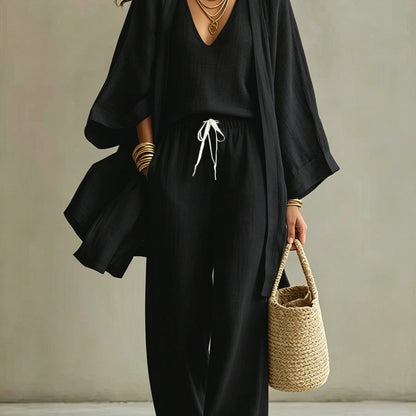 European And American Summer Loose - Mid-Length Three-Piece Set for Women: Three-Quarter Sleeve Cardigan, Sleeveless Vest, And Long Pants