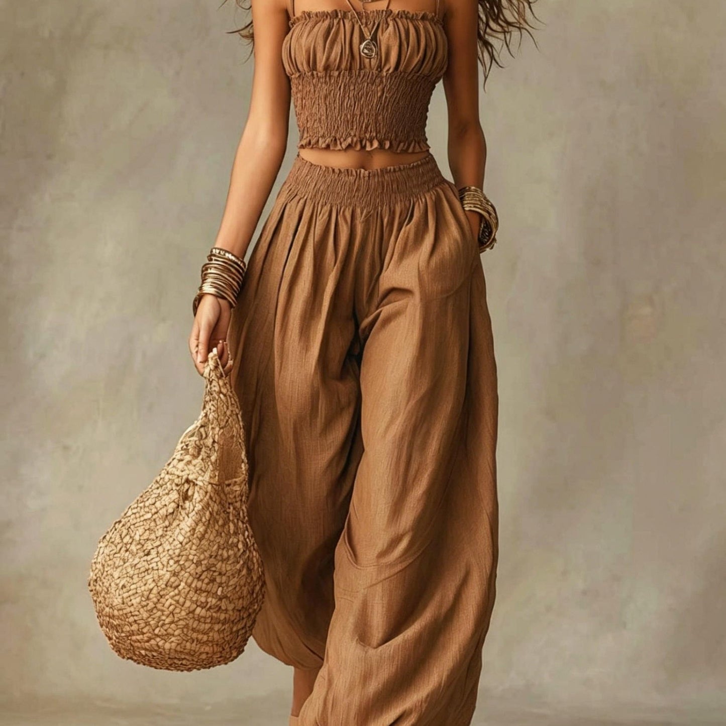 Elegant Bustier Short Cami And Lantern Pants Set, Vacation Casual Two-Piece Outfit, Women'S Style