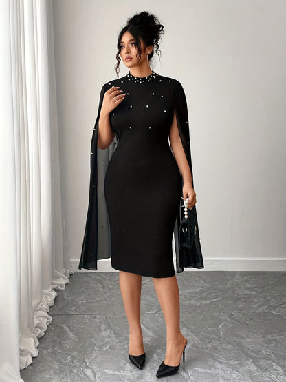 Plus Size - Plus Size - Plus Size Women'S Elegant Slim Fit Black Solid Color Spliced Beaded Chiffon Mesh Sleeve Mid-Length Dress Spring And Autumn Fashion Women'S New Elegant Easy Daily Suitable for Spring And Summer Wear Women'S Dress