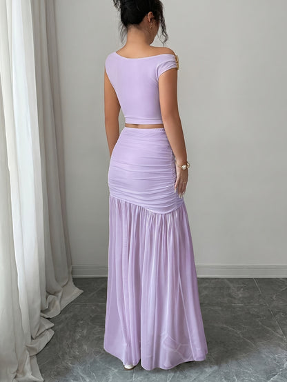 Elegant 2pcs Set for Women, Featuring a Strappy Crop Top and a Slit Maxi Skirt with Metallic Embellishments. The Slim-fit Design Is Perfect for High-end Occasions Such as Dates, Evening Parties, Gatherings, and Vacations