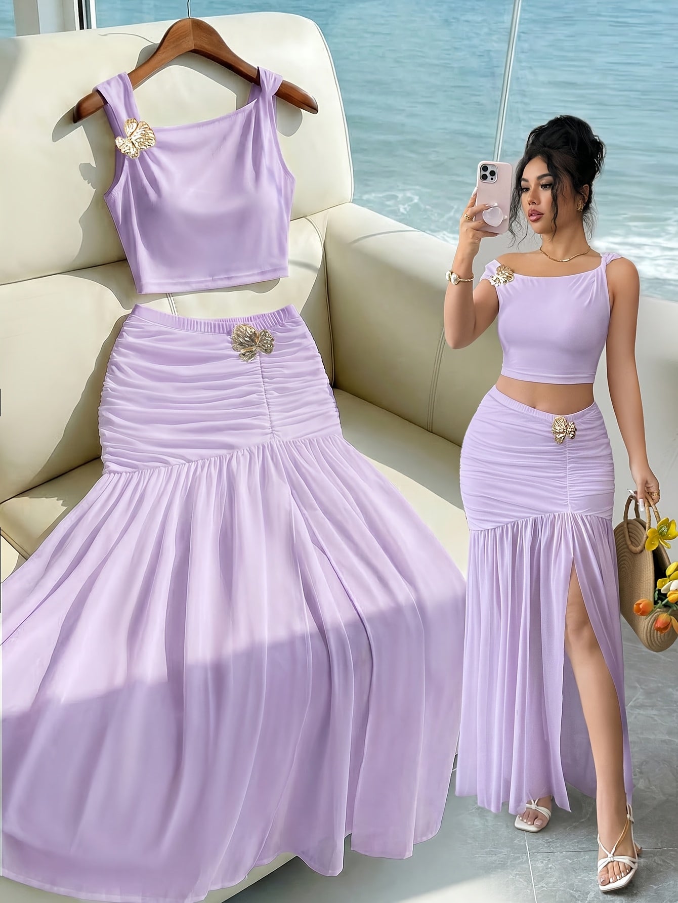 Elegant 2pcs Set for Women, Featuring a Strappy Crop Top and a Slit Maxi Skirt with Metallic Embellishments. The Slim-fit Design Is Perfect for High-end Occasions Such as Dates, Evening Parties, Gatherings, and Vacations