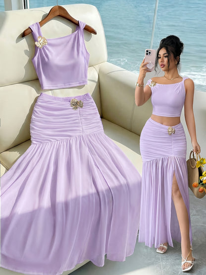 Elegant 2pcs Set for Women, Featuring a Strappy Crop Top and a Slit Maxi Skirt with Metallic Embellishments. The Slim-fit Design Is Perfect for High-end Occasions Such as Dates, Evening Parties, Gatherings, and Vacations