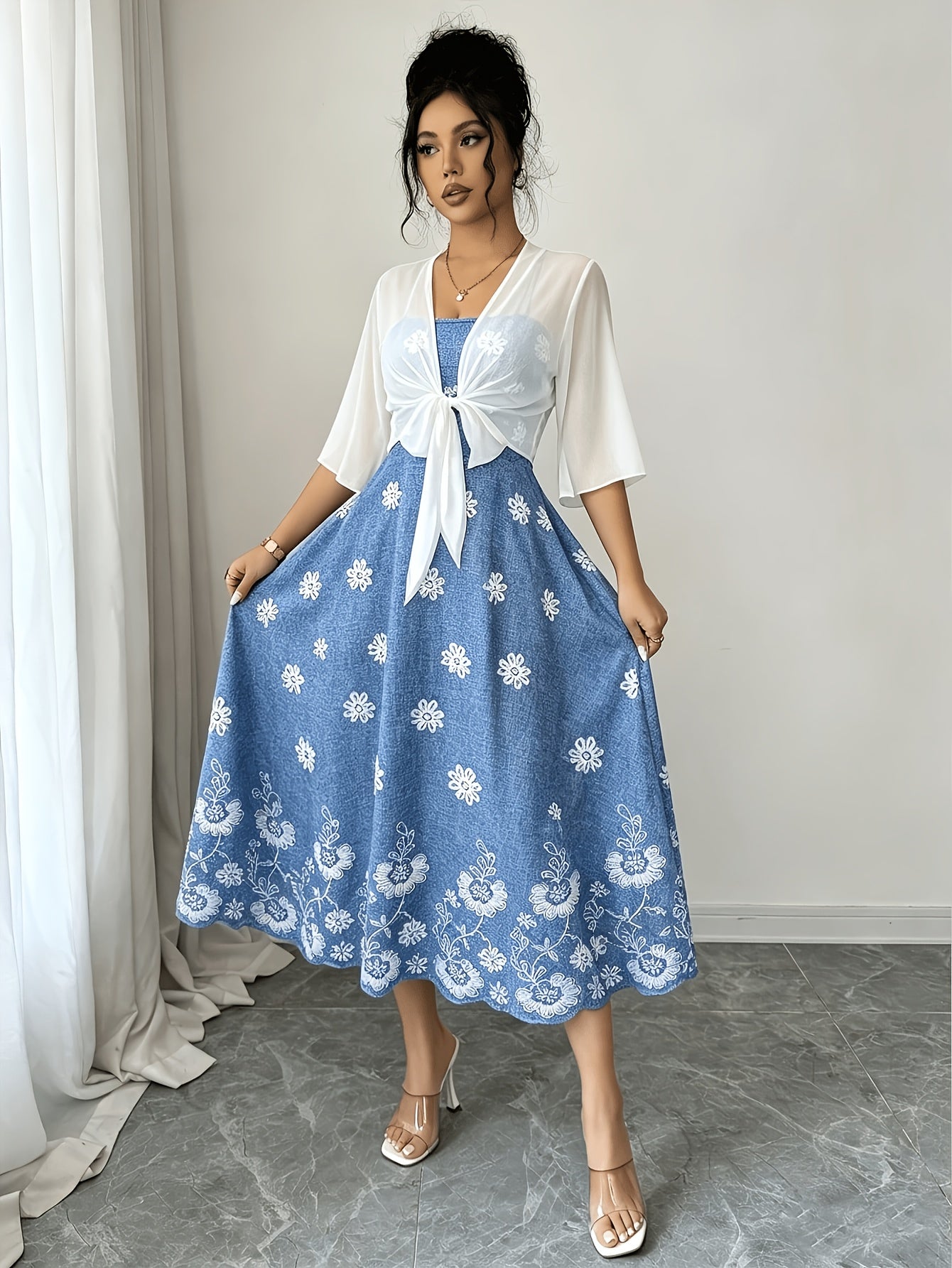 Women's New Summer Fashion Printed 2pcs Dress Set with Green Shawl