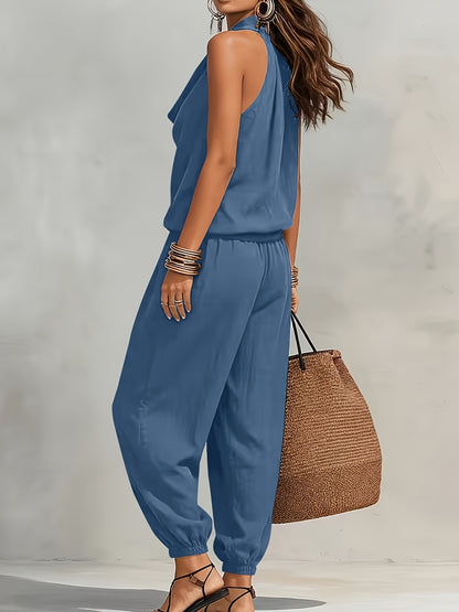 BK260503024+ Women's Elegant Faux Linen Texture Halter Neck Slouchy Collar Wide-Leg Pants Set, Loose Sleeveless Breathable Skin-Friendly 2pcs Set, Versatile for Commuting and Casual Wear, Drawstring Waist Design for and Figure-Flattering Effect