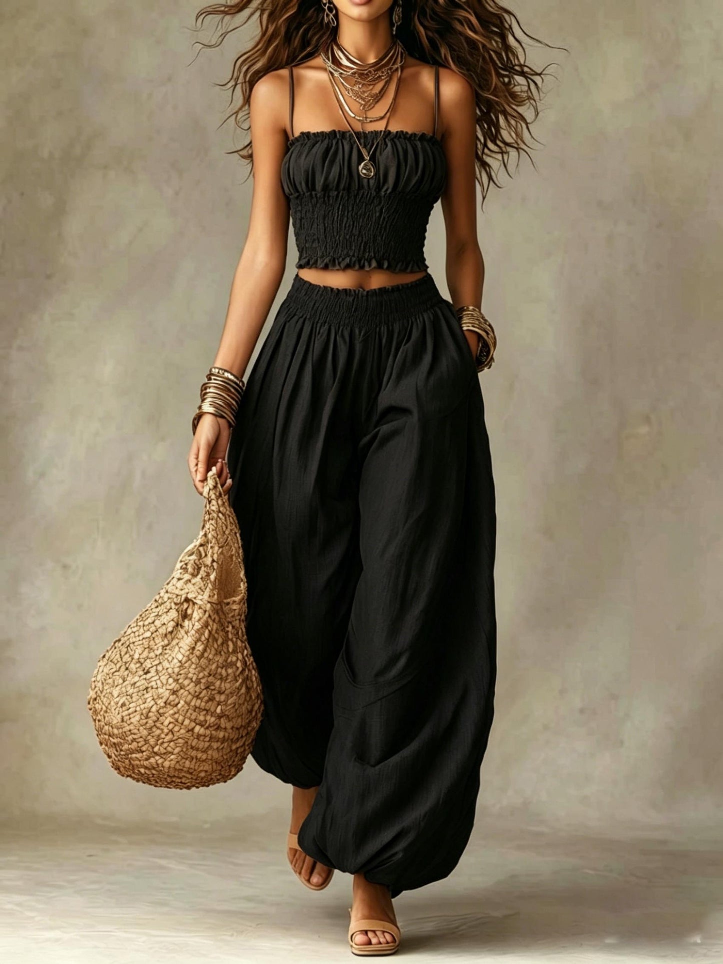 Elegant Bustier Short Cami And Lantern Pants Set, Vacation Casual Two-Piece Outfit, Women'S Style