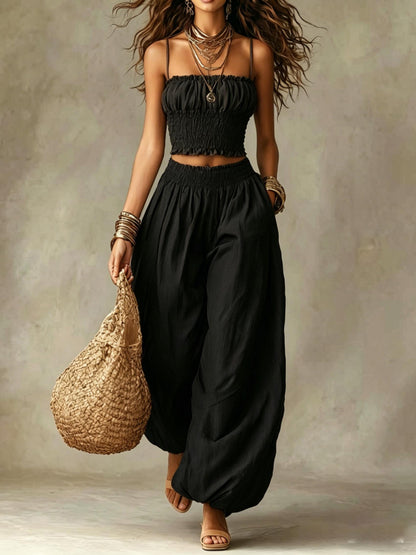 Elegant Bustier Short Cami And Lantern Pants Set, Vacation Casual Two-Piece Outfit, Women'S Style