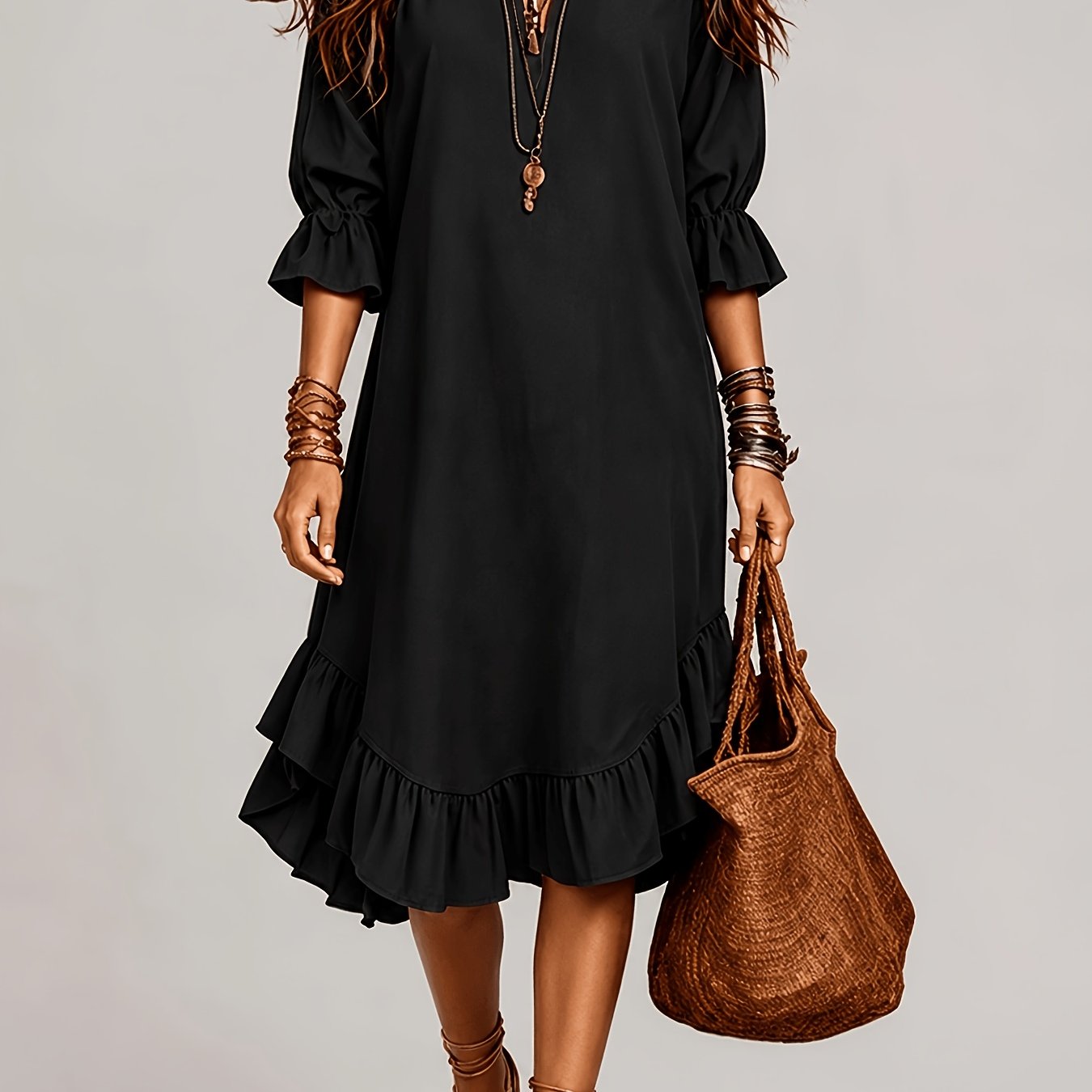 1pc 2026 New Spring Summer Women'S Midi Dress Solid Army Green V Neck 3/4 Ruffle Sleeve Irregular Ruffled Hem Loose Linen Texture Bohemian Casual Daily Beach Vacation Dress