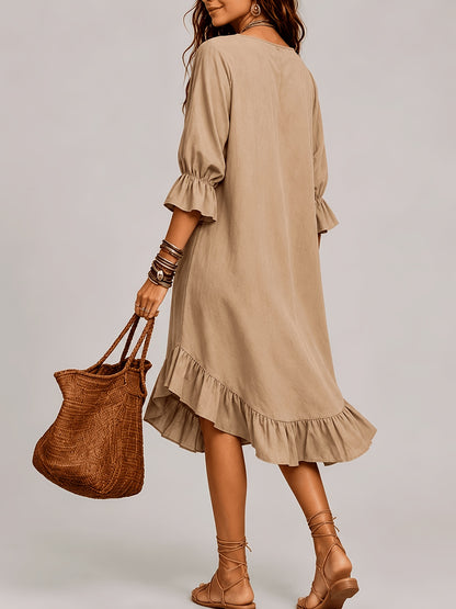 1pc 2026 New Spring Summer Women'S Midi Dress Solid Army Green V Neck 3/4 Ruffle Sleeve Irregular Ruffled Hem Loose Linen Texture Bohemian Casual Daily Beach Vacation Dress