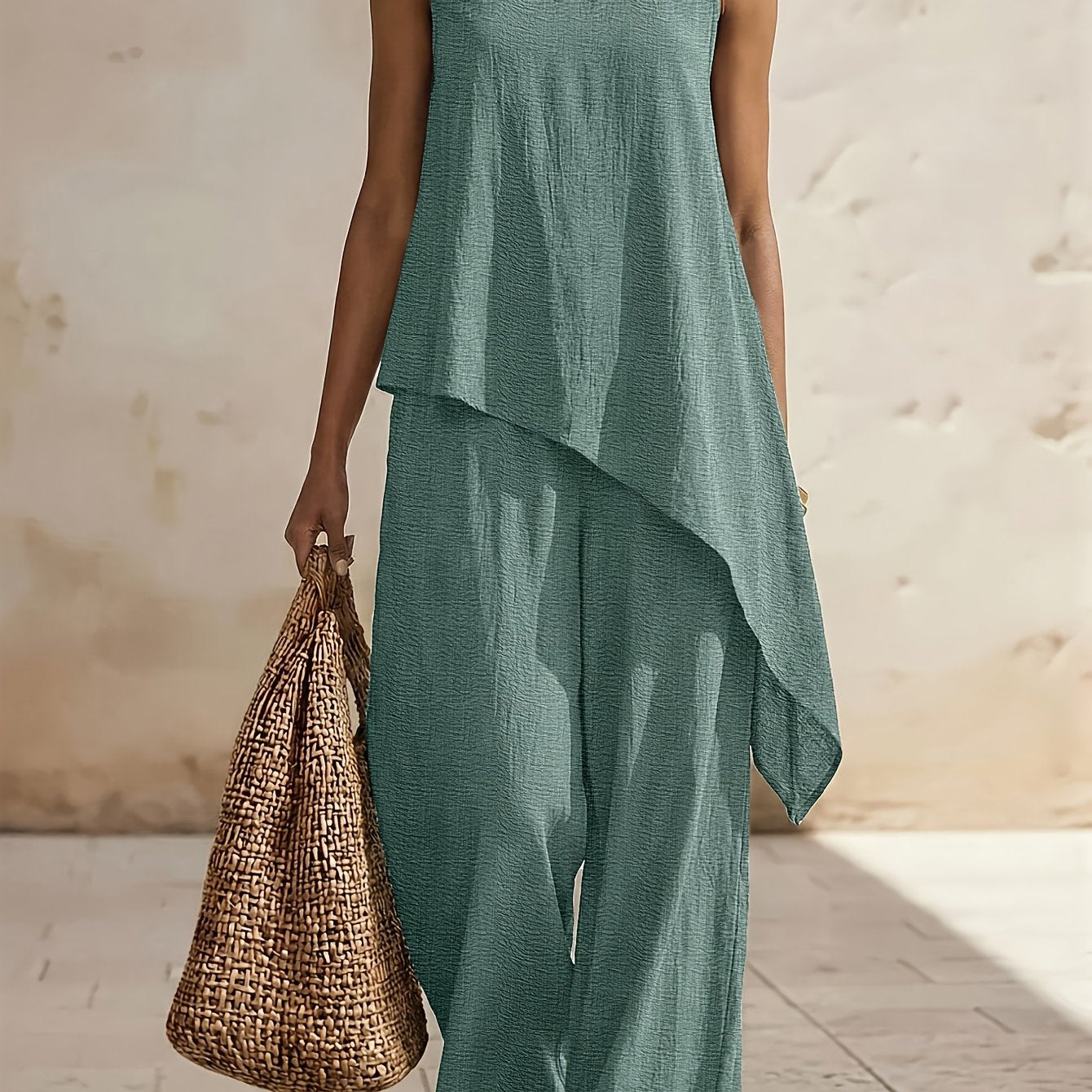 Casual 2pcs Set, Loose Fit Solid Color Crew Neck Sleeveless Side Slit Irregular Hem Top with High-Waist Wide-Leg Pants