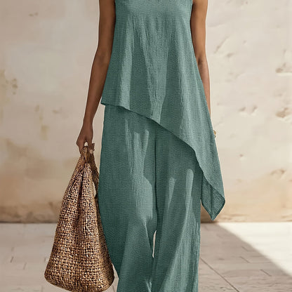Casual 2pcs Set, Loose Fit Solid Color Crew Neck Sleeveless Side Slit Irregular Hem Top with High-Waist Wide-Leg Pants