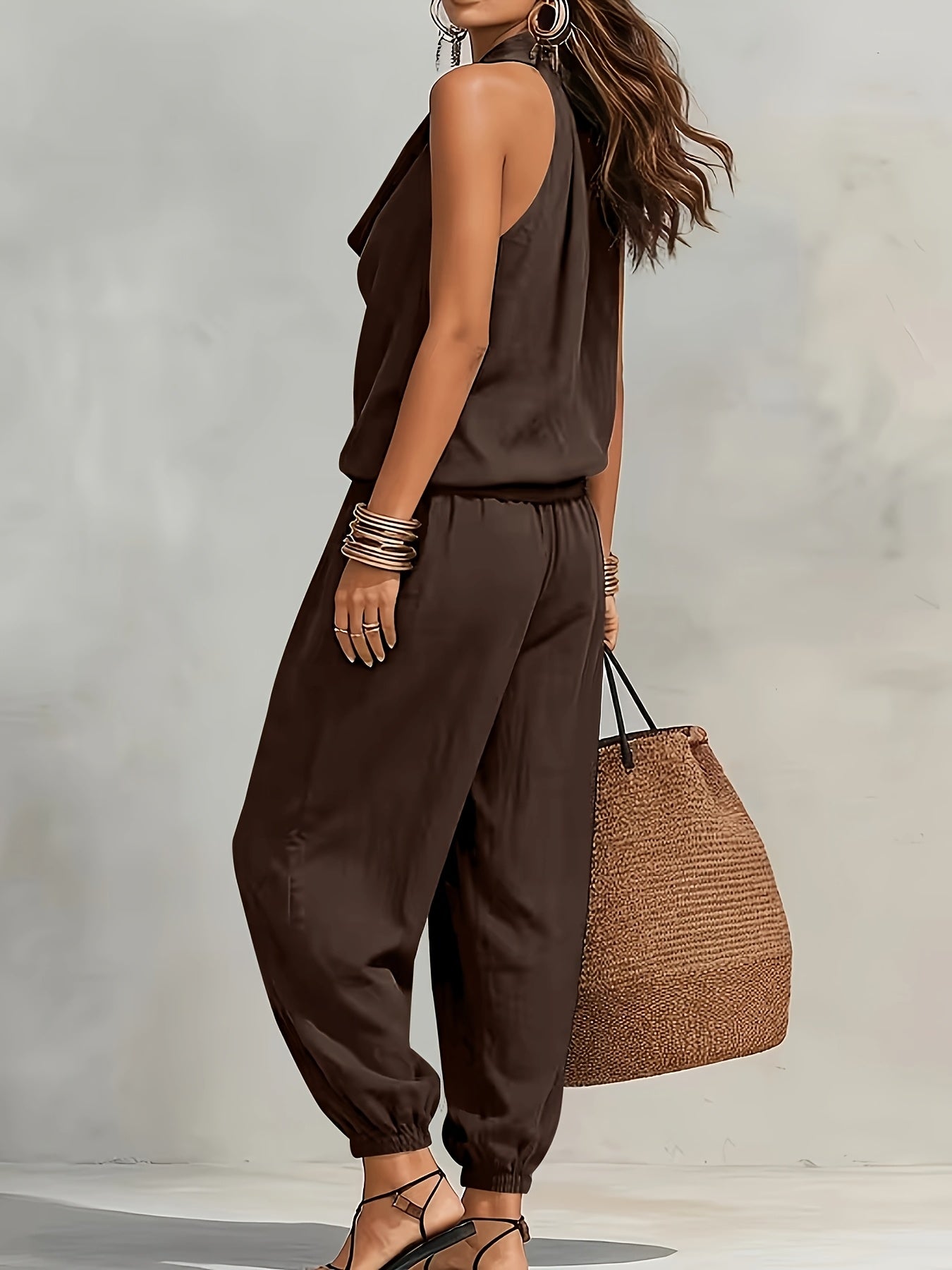 BK260503024+ Women's Elegant Faux Linen Texture Halter Neck Slouchy Collar Wide-Leg Pants Set, Loose Sleeveless Breathable Skin-Friendly 2pcs Set, Versatile for Commuting and Casual Wear, Drawstring Waist Design for and Figure-Flattering Effect