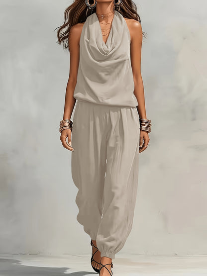 BK260503024+ Women's Elegant Faux Linen Texture Halter Neck Slouchy Collar Wide-Leg Pants Set, Loose Sleeveless Breathable Skin-Friendly 2pcs Set, Versatile for Commuting and Casual Wear, Drawstring Waist Design for and Figure-Flattering Effect