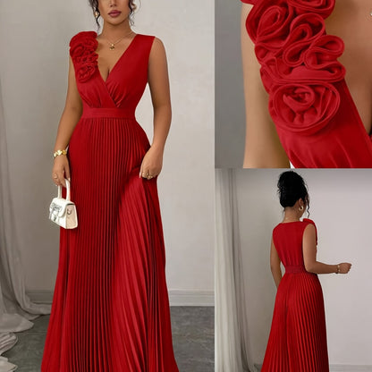 Elegant V-neck Sleeveless Patchwork Exaggerated Floral A-line Hem Pleated Dress