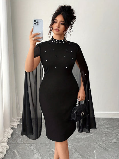 Plus Size - Plus Size - Plus Size Women'S Elegant Slim Fit Black Solid Color Spliced Beaded Chiffon Mesh Sleeve Mid-Length Dress Spring And Autumn Fashion Women'S New Elegant Easy Daily Suitable for Spring And Summer Wear Women'S Dress