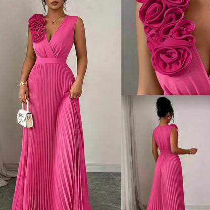Elegant V-neck Sleeveless Patchwork Exaggerated Floral A-line Hem Pleated Dress