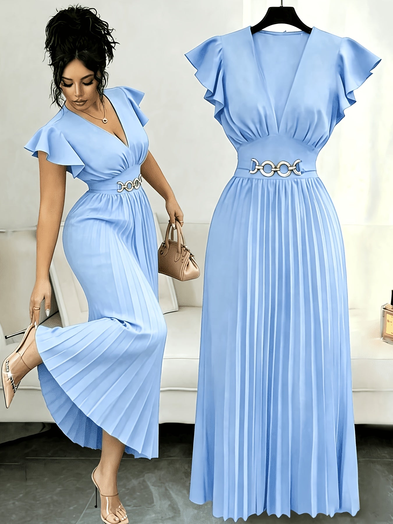 Spring And Summer New Elegant Ladies Slim V-Neck Dress with Pleated Craftsmanship, Large Skirt, Ruffled Lotus Leaf Sleeves, Valentine'S Day Party Gathering Elegant Dress, Commuting Fashion Skirt
