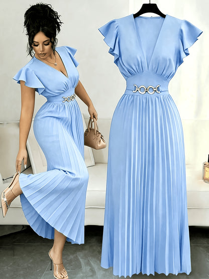 Spring And Summer New Elegant Ladies Slim V-Neck Dress with Pleated Craftsmanship, Large Skirt, Ruffled Lotus Leaf Sleeves, Valentine'S Day Party Gathering Elegant Dress, Commuting Fashion Skirt