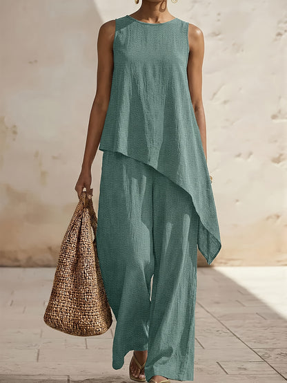 Casual 2pcs Set, Loose Fit Solid Color Crew Neck Sleeveless Side Slit Irregular Hem Top with High-Waist Wide-Leg Pants