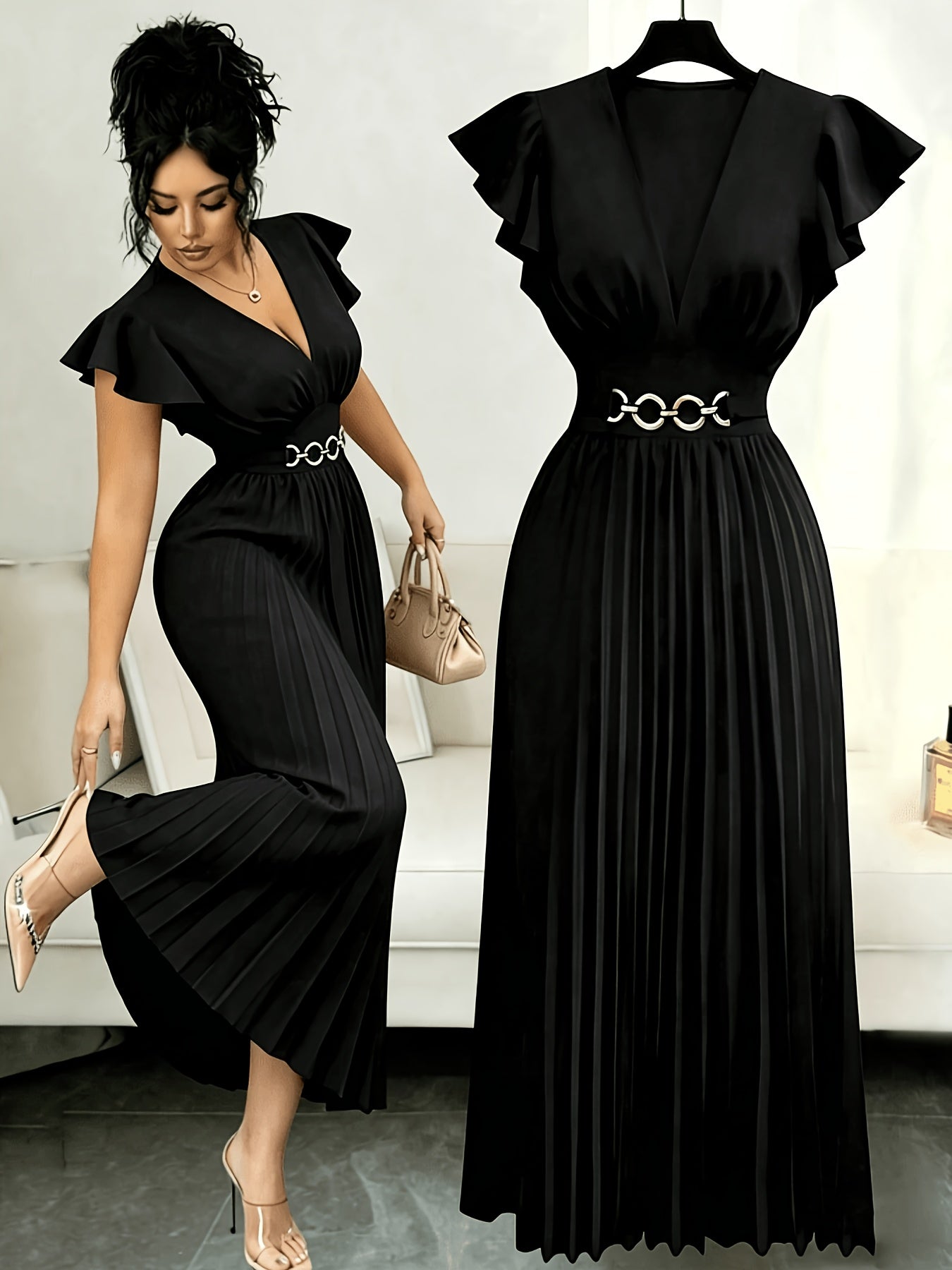 Spring And Summer New Elegant Ladies Slim V-Neck Dress with Pleated Craftsmanship, Large Skirt, Ruffled Lotus Leaf Sleeves, Valentine'S Day Party Gathering Elegant Dress, Commuting Fashion Skirt