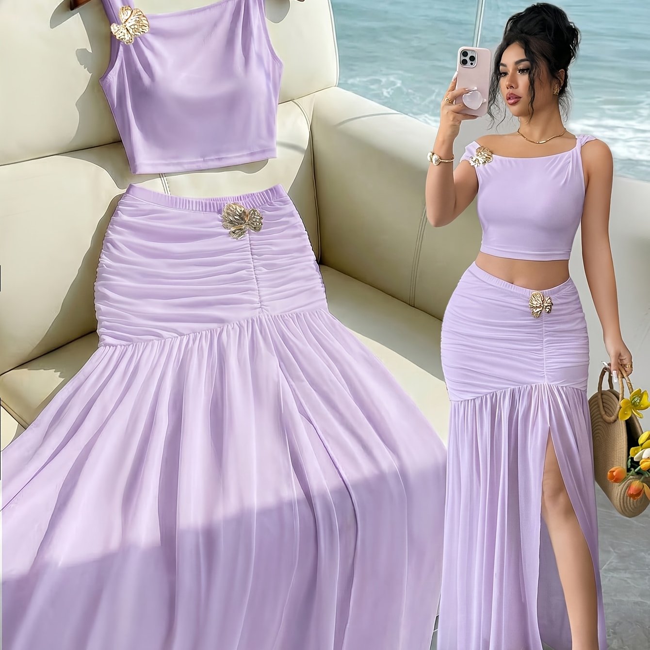 Elegant 2pcs Set for Women, Featuring a Strappy Crop Top and a Slit Maxi Skirt with Metallic Embellishments. The Slim-fit Design Is Perfect for High-end Occasions Such as Dates, Evening Parties, Gatherings, and Vacations