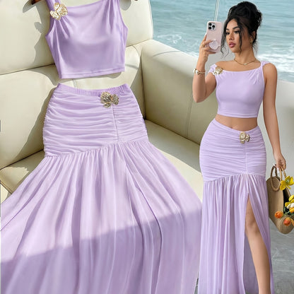 Elegant 2pcs Set for Women, Featuring a Strappy Crop Top and a Slit Maxi Skirt with Metallic Embellishments. The Slim-fit Design Is Perfect for High-end Occasions Such as Dates, Evening Parties, Gatherings, and Vacations