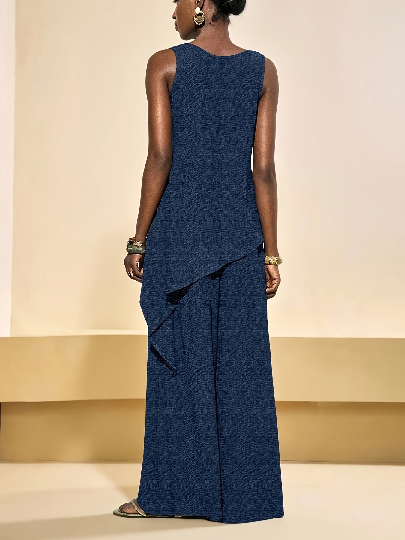 Casual 2pcs Set, Loose Fit Solid Color Crew Neck Sleeveless Side Slit Irregular Hem Top with High-Waist Wide-Leg Pants