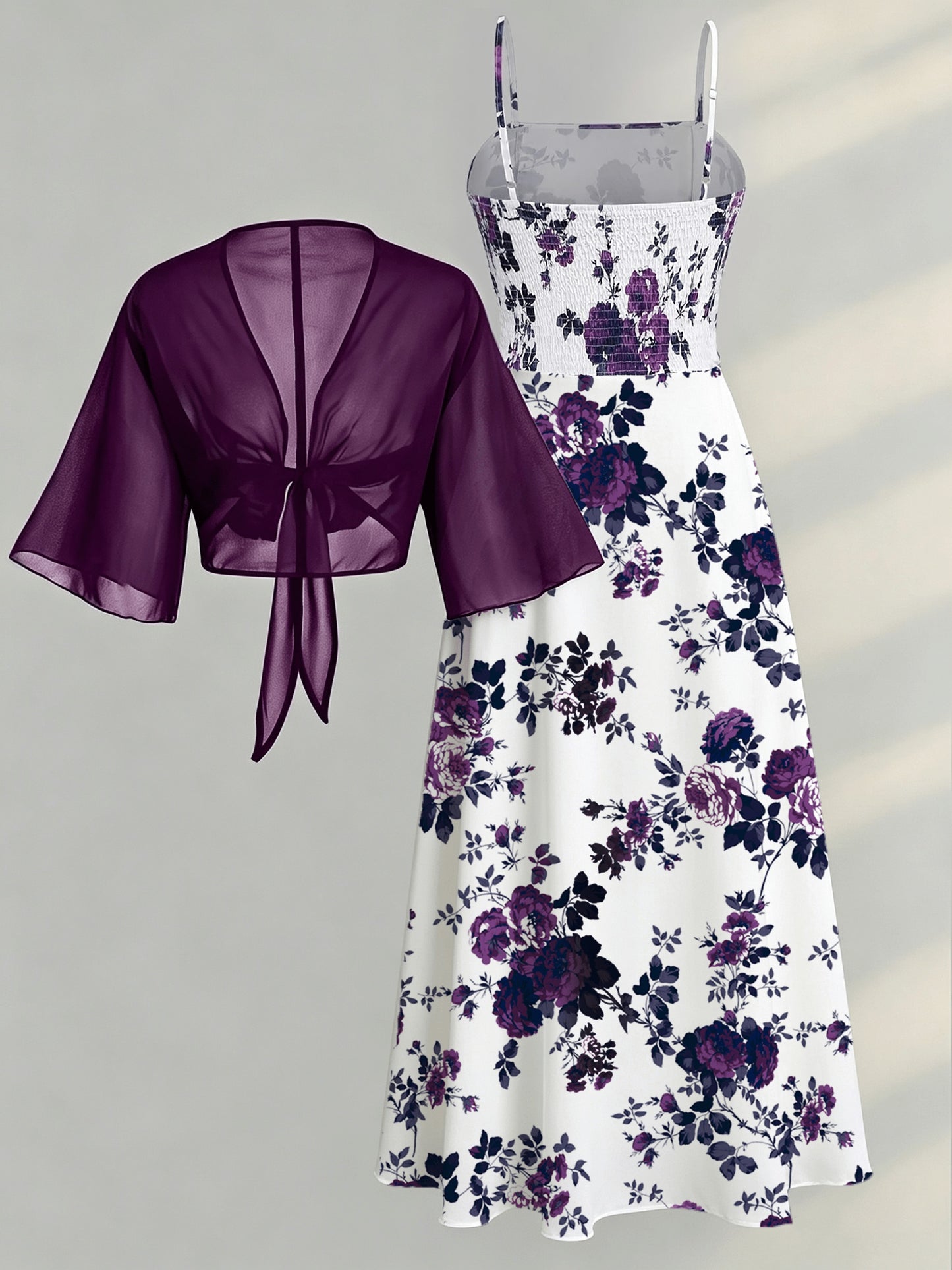 Women's New Summer Fashion Printed 2pcs Dress Set with Green Shawl