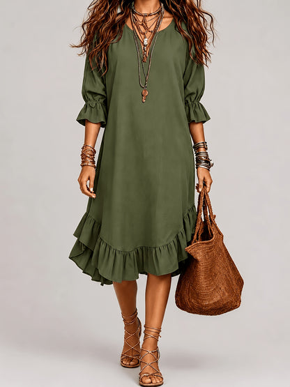 1pc 2026 New Spring Summer Women'S Midi Dress Solid Army Green V Neck 3/4 Ruffle Sleeve Irregular Ruffled Hem Loose Linen Texture Bohemian Casual Daily Beach Vacation Dress