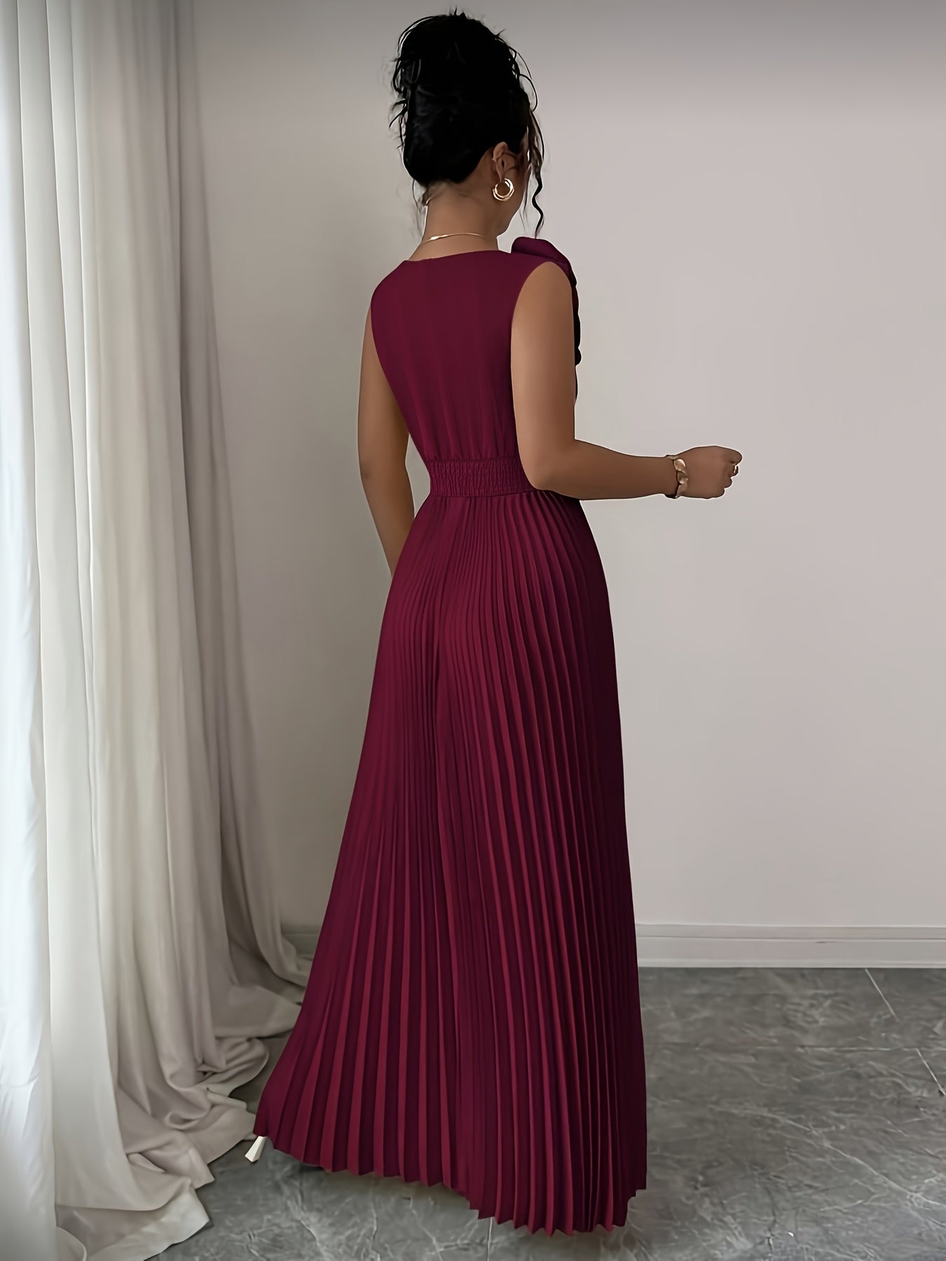 Elegant V-neck Sleeveless Patchwork Exaggerated Floral A-line Hem Pleated Dress