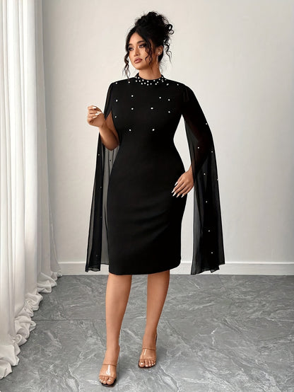 Plus Size - Plus Size - Plus Size Women'S Elegant Slim Fit Black Solid Color Spliced Beaded Chiffon Mesh Sleeve Mid-Length Dress Spring And Autumn Fashion Women'S New Elegant Easy Daily Suitable for Spring And Summer Wear Women'S Dress