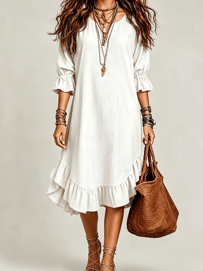 1pc 2026 New Spring Summer Women'S Midi Dress Solid Army Green V Neck 3/4 Ruffle Sleeve Irregular Ruffled Hem Loose Linen Texture Bohemian Casual Daily Beach Vacation Dress