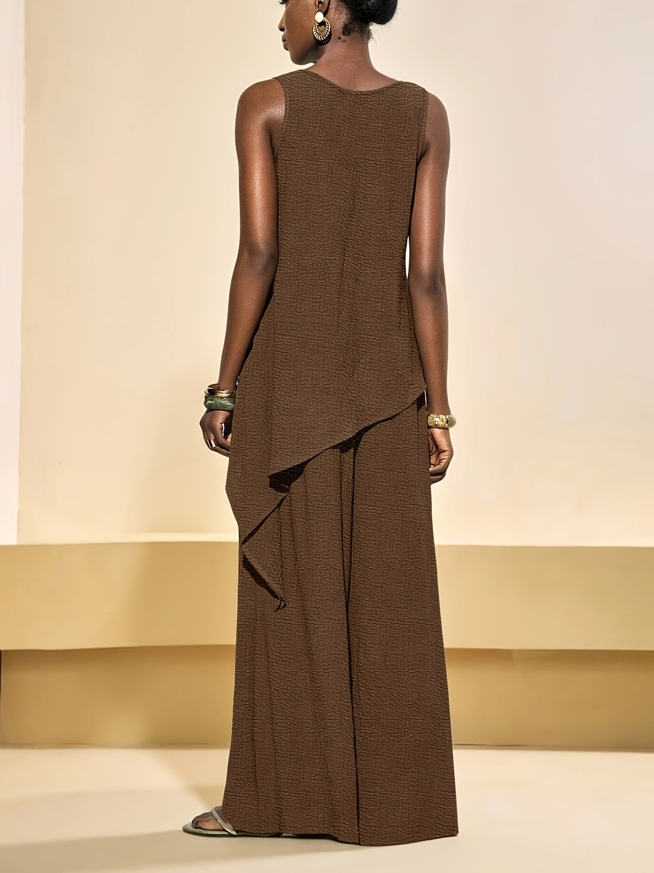 Casual 2pcs Set, Loose Fit Solid Color Crew Neck Sleeveless Side Slit Irregular Hem Top with High-Waist Wide-Leg Pants