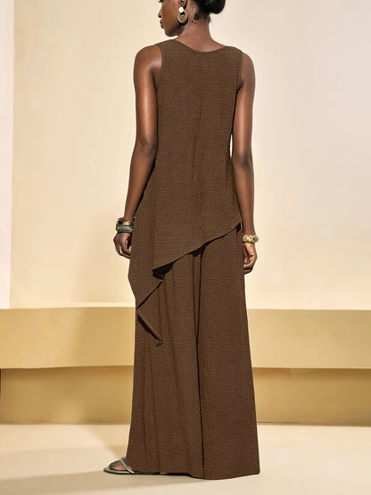 Casual 2pcs Set, Loose Fit Solid Color Crew Neck Sleeveless Side Slit Irregular Hem Top with High-Waist Wide-Leg Pants