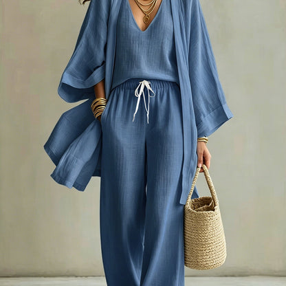 European And American Summer Loose - Mid-Length Three-Piece Set for Women: Three-Quarter Sleeve Cardigan, Sleeveless Vest, And Long Pants