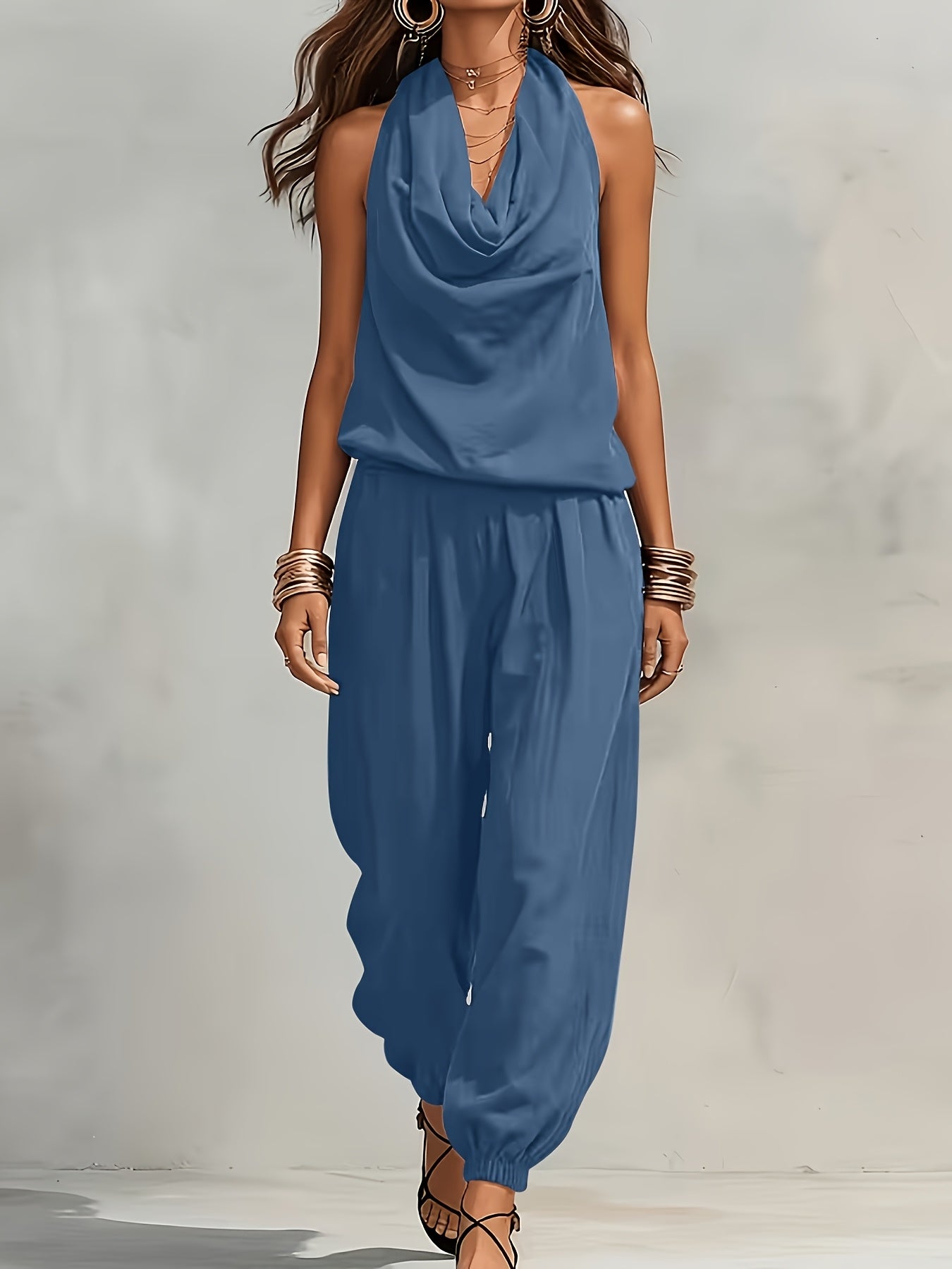 BK260503024+ Women's Elegant Faux Linen Texture Halter Neck Slouchy Collar Wide-Leg Pants Set, Loose Sleeveless Breathable Skin-Friendly 2pcs Set, Versatile for Commuting and Casual Wear, Drawstring Waist Design for and Figure-Flattering Effect