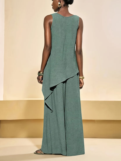 Casual 2pcs Set, Loose Fit Solid Color Crew Neck Sleeveless Side Slit Irregular Hem Top with High-Waist Wide-Leg Pants