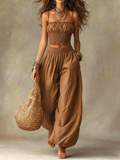 Elegant Bustier Short Cami And Lantern Pants Set, Vacation Casual Two-Piece Outfit, Women'S Style