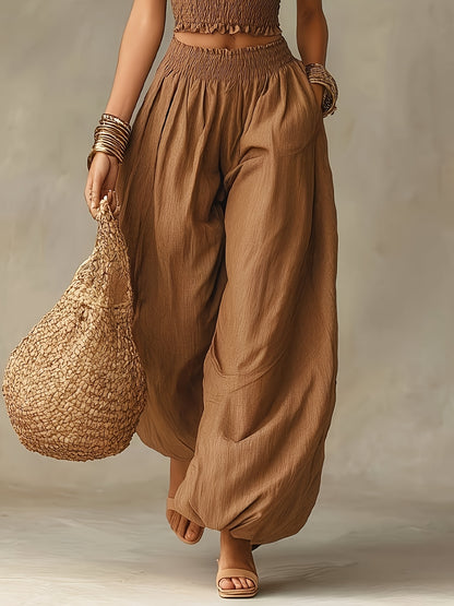 Elegant Bustier Short Cami And Lantern Pants Set, Vacation Casual Two-Piece Outfit, Women'S Style