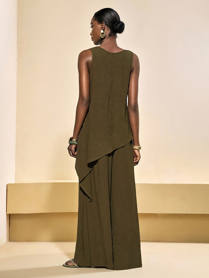 Casual 2pcs Set, Loose Fit Solid Color Crew Neck Sleeveless Side Slit Irregular Hem Top with High-Waist Wide-Leg Pants