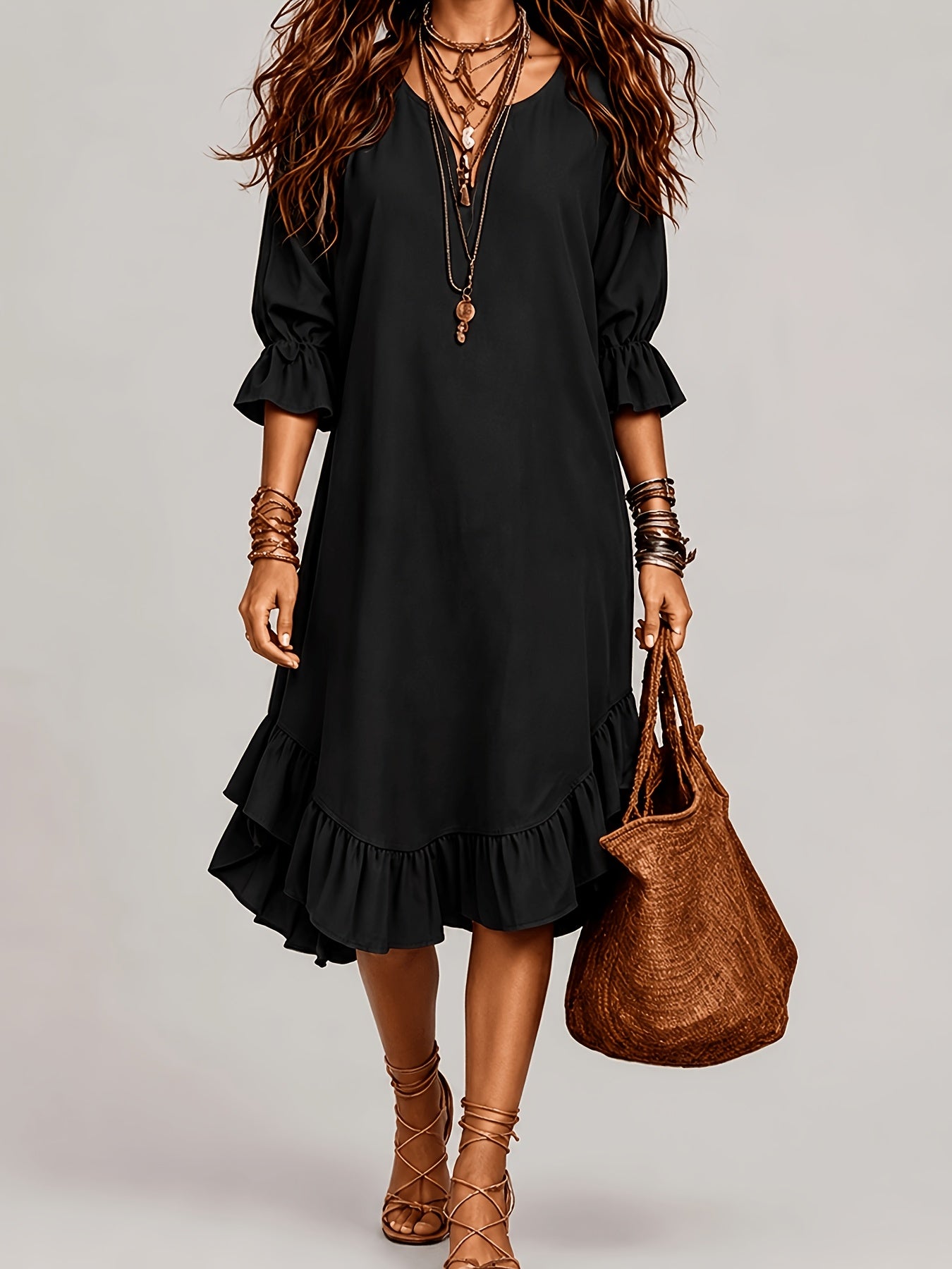 1pc 2026 New Spring Summer Women'S Midi Dress Solid Army Green V Neck 3/4 Ruffle Sleeve Irregular Ruffled Hem Loose Linen Texture Bohemian Casual Daily Beach Vacation Dress