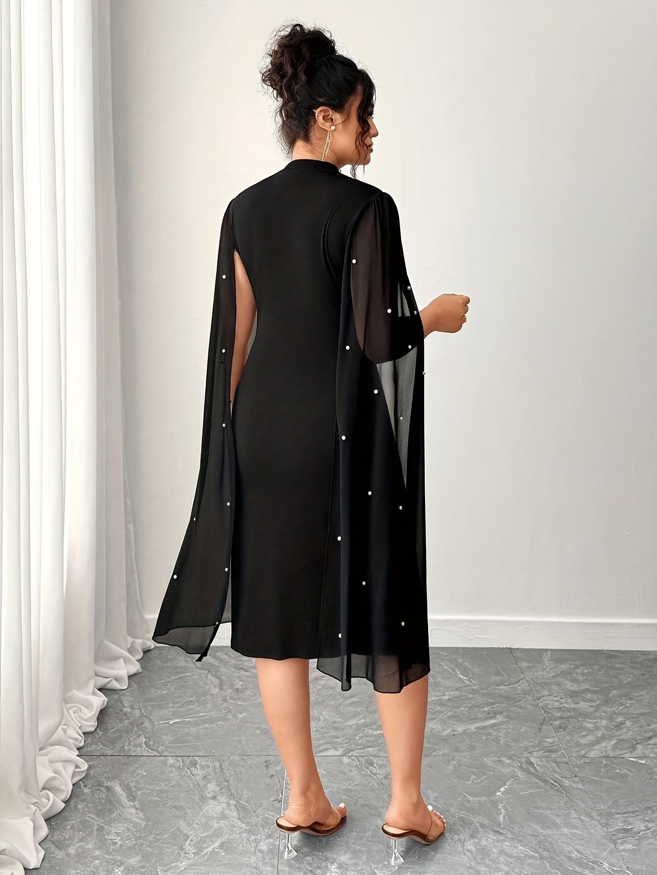 Plus Size - Plus Size - Plus Size Women'S Elegant Slim Fit Black Solid Color Spliced Beaded Chiffon Mesh Sleeve Mid-Length Dress Spring And Autumn Fashion Women'S New Elegant Easy Daily Suitable for Spring And Summer Wear Women'S Dress