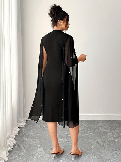 Plus Size - Plus Size - Plus Size Women'S Elegant Slim Fit Black Solid Color Spliced Beaded Chiffon Mesh Sleeve Mid-Length Dress Spring And Autumn Fashion Women'S New Elegant Easy Daily Suitable for Spring And Summer Wear Women'S Dress