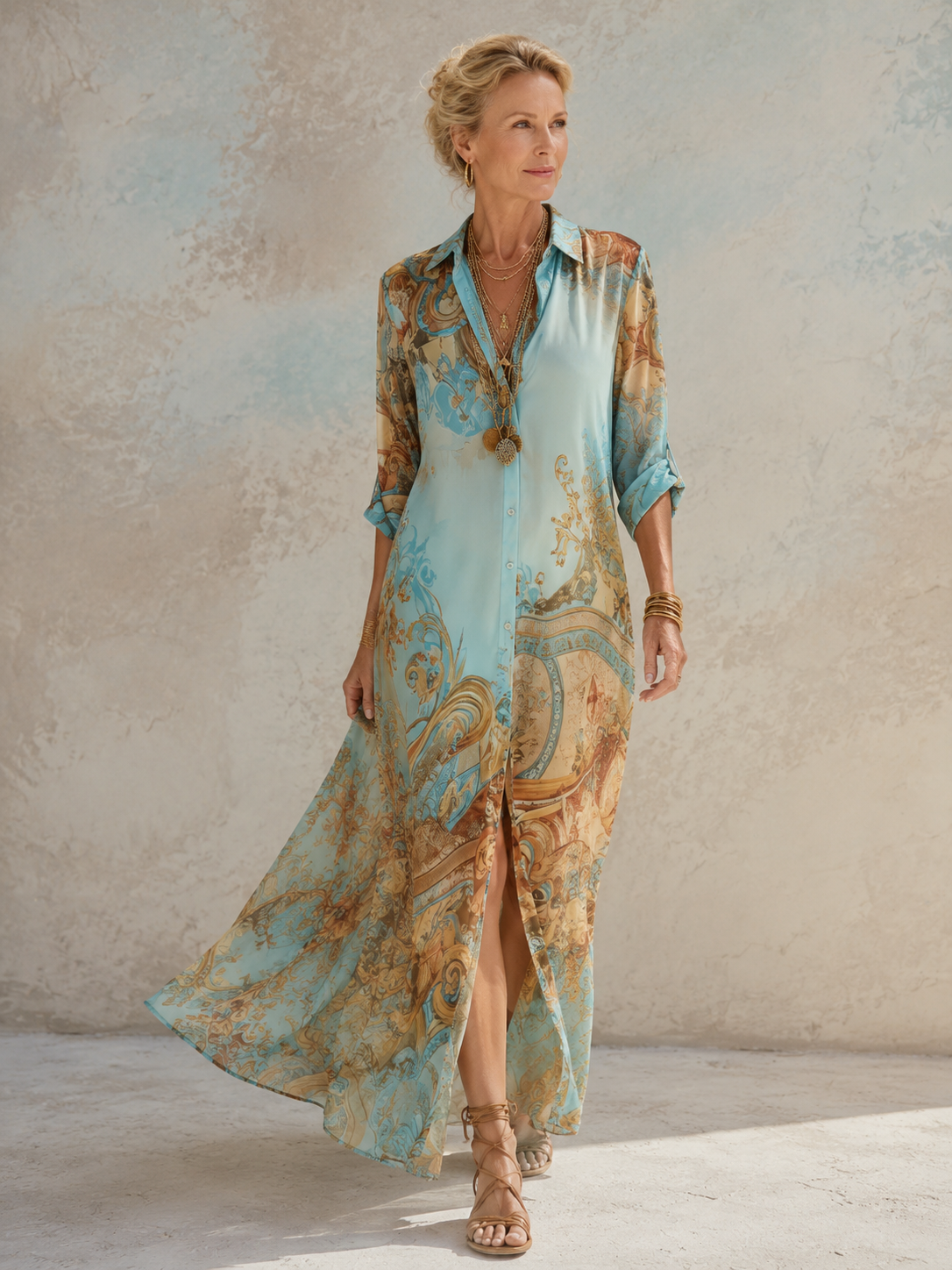 Baroque Style Floral Blue Chiffon Maxi Dress