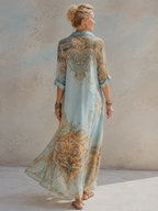 Baroque Style Floral Blue Chiffon Maxi Dress